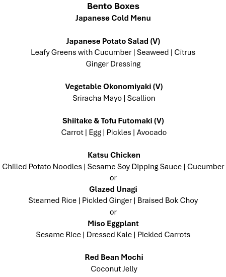 Menu of Japanese cold dishes with descriptions and ingredients on a white background