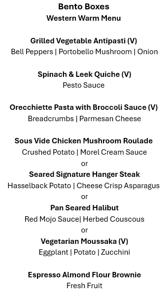 Western Warm Menu with various dishes listed