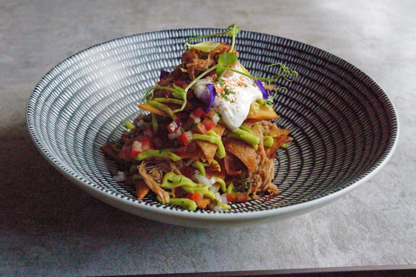 Pulled Pork Nachos w/ Guacamole, Tomato Salsa & Sour Cream