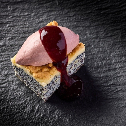A poppyseed cake with mulled wine sorbet for the festive season