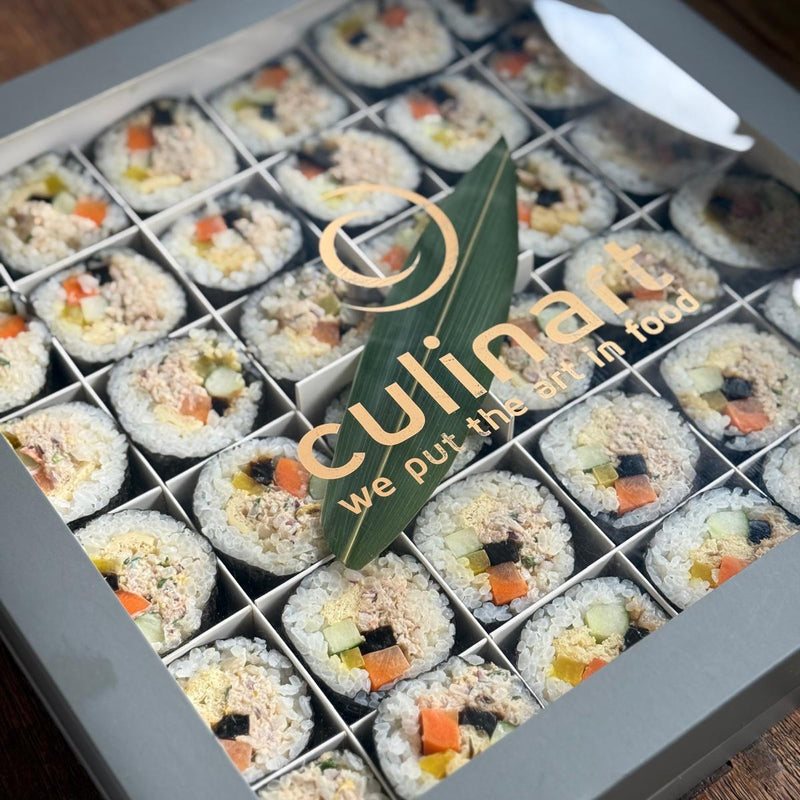 Box of sushi with Culinary Food logo on a wooden surface