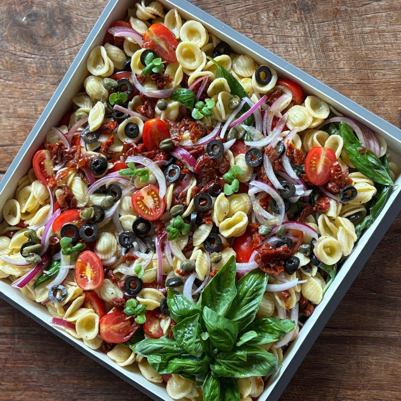Pasta salad with tomatoes, olives, and basil in a white dish on a wooden table