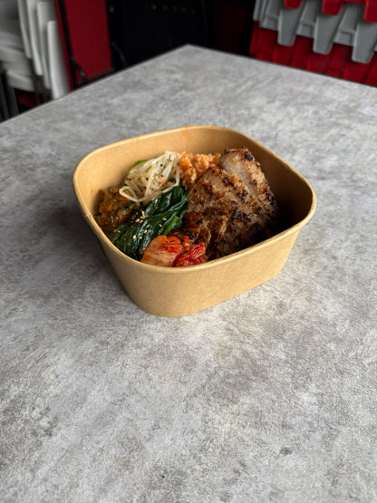 Grilled Pork Neck w/ Kimchi Fried Rice, Korean Cucumber & Bulgogi Sauce