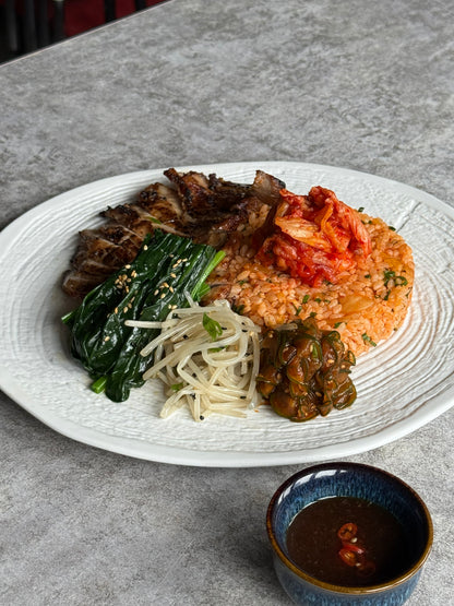 Grilled Pork Neck w/ Kimchi Fried Rice, Korean Cucumber & Bulgogi Sauce