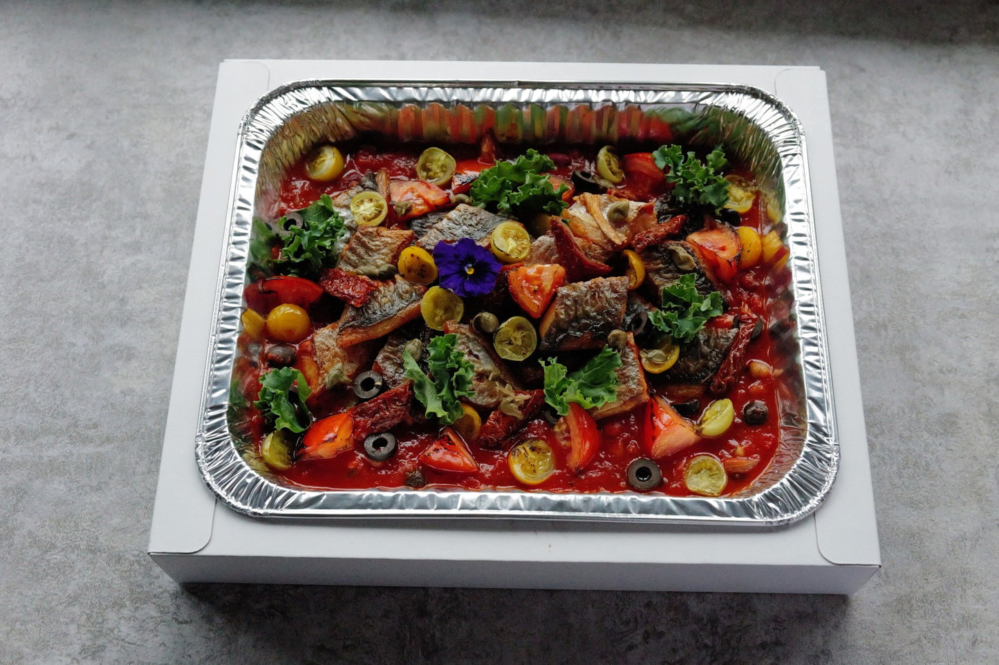 Mediterranean Baked Fish w/ Olives and Sun-Dried Tomato Sauce