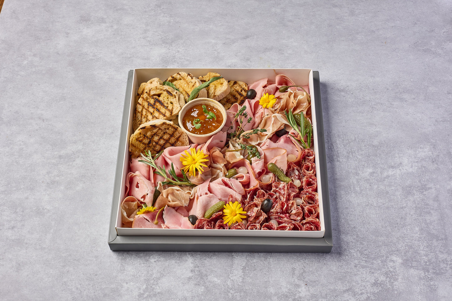 Charcuterie Box w/ Parma Ham, Chorizo, Mortadella, Honey Roast Ham, Pickles & Sourdough