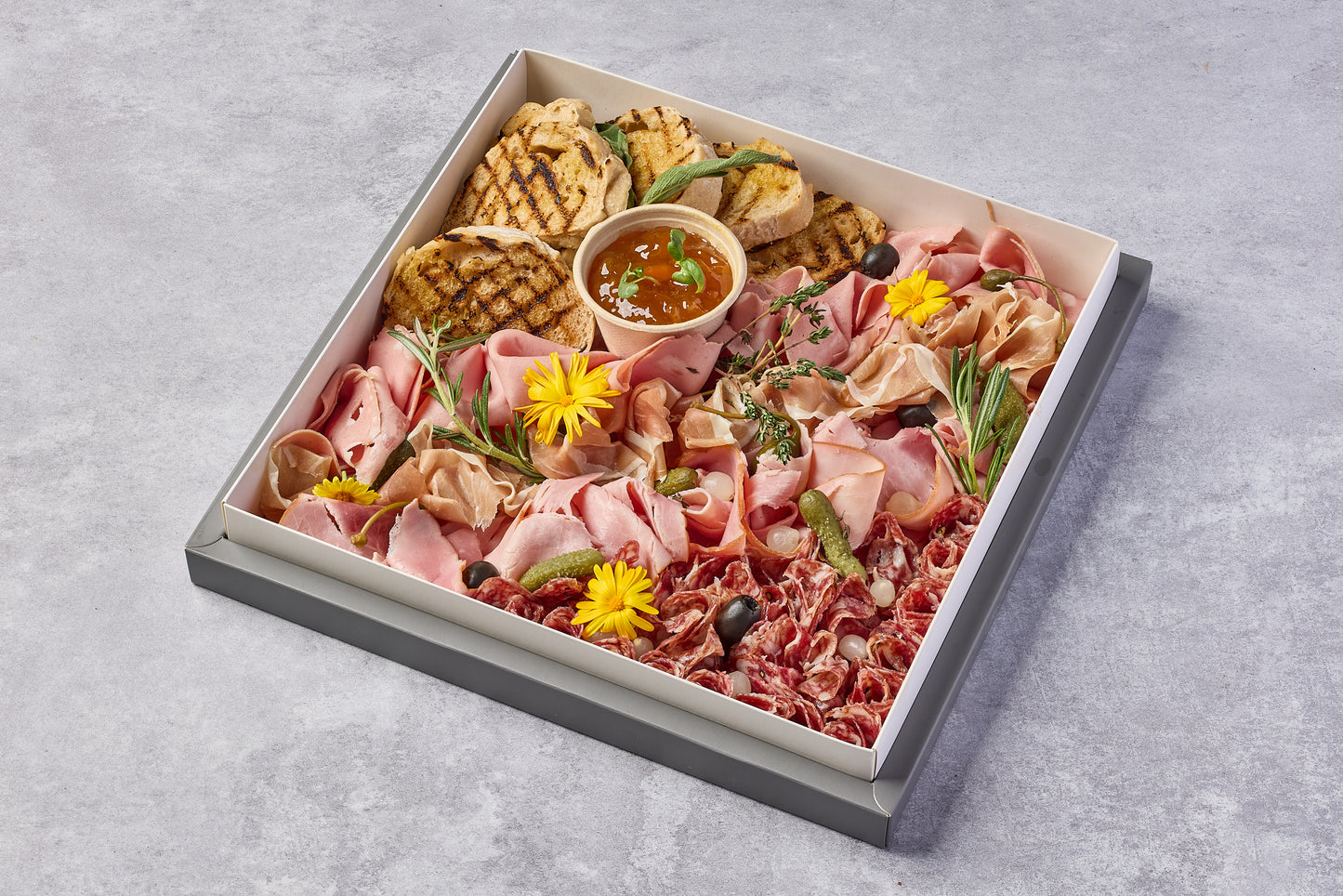 Charcuterie Box w/ Parma Ham, Chorizo, Mortadella, Honey Roast Ham, Pickles & Sourdough