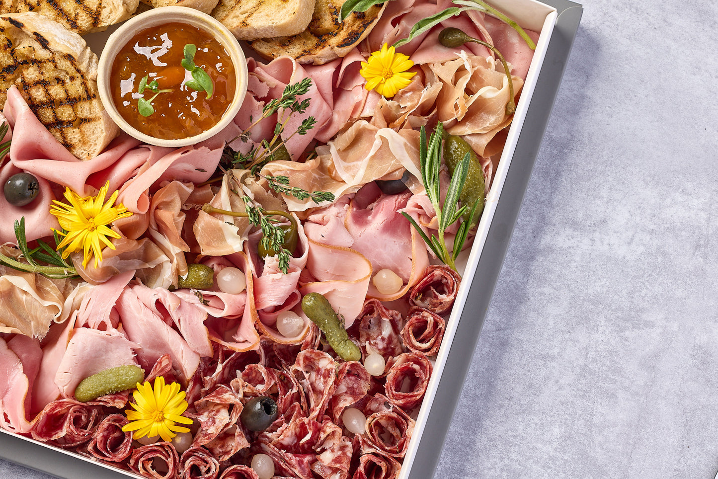 Charcuterie Box w/ Parma Ham, Chorizo, Mortadella, Honey Roast Ham, Pickles & Sourdough
