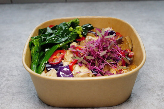 Vegetarian Mapo Tofu w/ Steamed Rice, Roasted Eggplant & Gai Lan