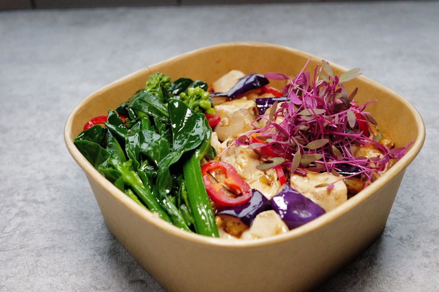 Vegetarian Mapo Tofu w/ Steamed Rice, Roasted Eggplant & Gai Lan